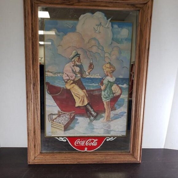 Vintage Coca Cola N.C. Wyeth 50th Anniversary 1886-1936 Wood Framed Mirror